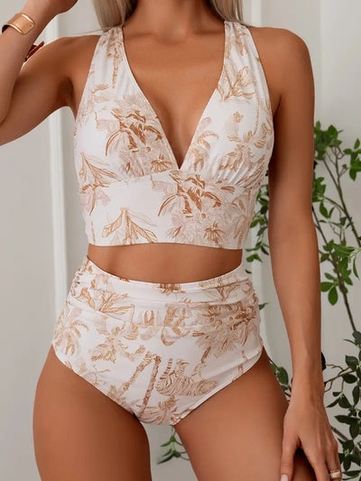 Zavando - Tiger-Dschungel-Druck V-Ausschnitt Bikini-Satz mit hoher Taille