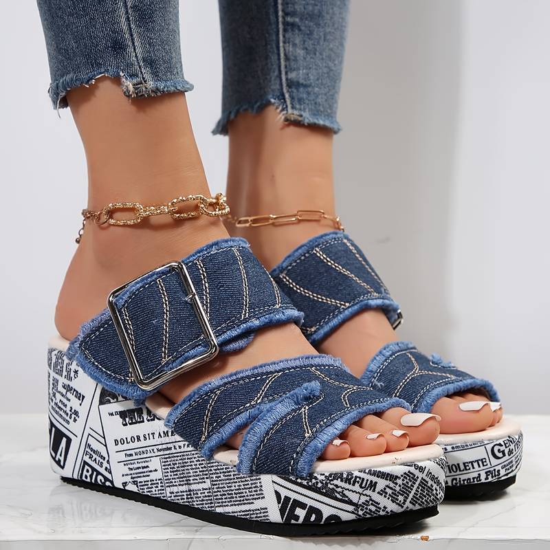 Zavando - Damen Denim Schnallenriemen Keilsandalen