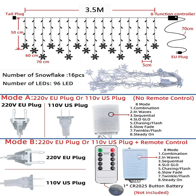 Weihnachtslicht LED Schneeflocken Vorhang Eiszapfen Feen Lichterkette