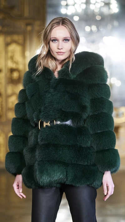 Grüner, luxuriöser Mantel aus Kunstfell mit Kapuze