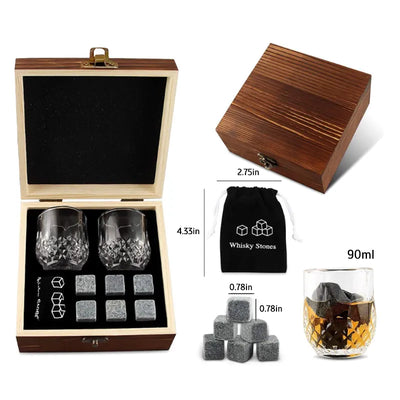 Whiskey-Glas-Set mit 6 Stück Whiskey Bourbon Kühlsteinen in Holzbox