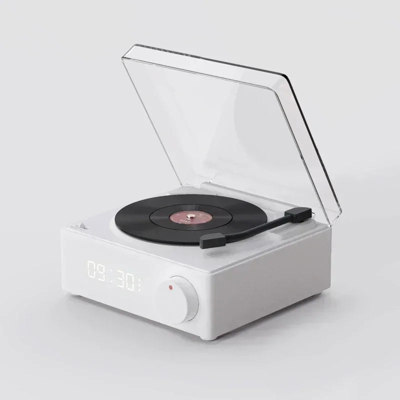 Vinyl-Plattenspieler Bluetooth-Lautsprecher: Kompaktes kabelloses Soundsystem mit hochwertigem Audio, Subwoofer und Wecker