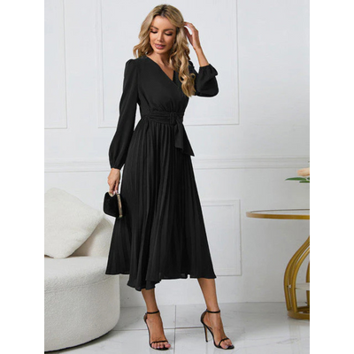 Damen Faltenrock Gürtel Taille V-Ausschnitt Kleid | Midi