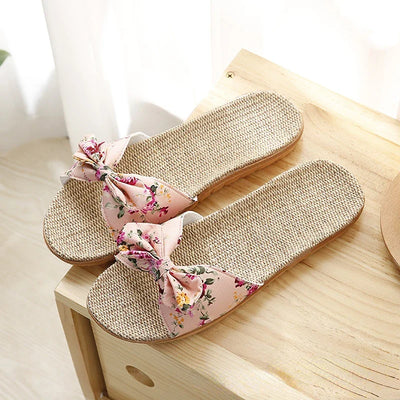 Zavando – Sommer-Freizeit-Slipper für Damen: Bequeme Flachs-Slipper mit gestreifter Schleife, Plateau-Sandalen für den Innenbereich