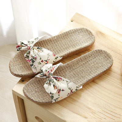 Zavando – Sommer-Freizeit-Slipper für Damen: Bequeme Flachs-Slipper mit gestreifter Schleife, Plateau-Sandalen für den Innenbereich