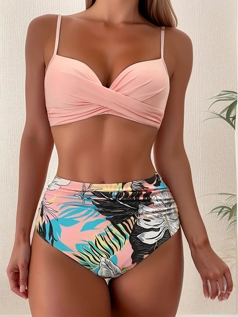 Zavando - Mehrlagiger zweiteiliger Badeanzug mit tropischem Print und V-Ausschnitt-Bikini-Set